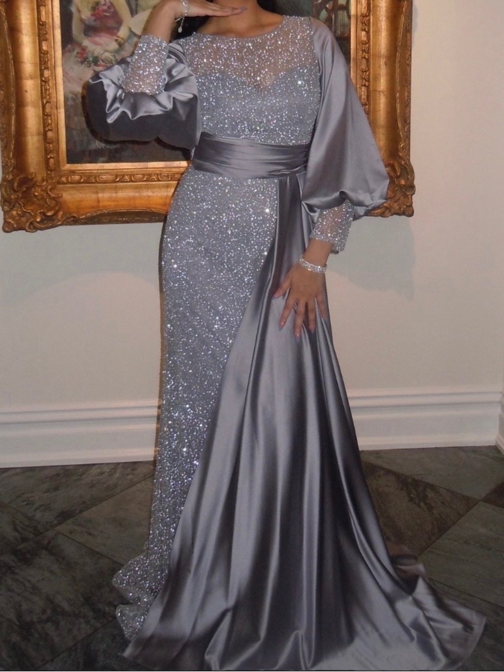 Silver Sequin & Satin Evening Gown